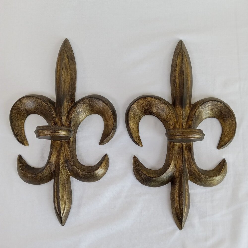 Set of 2 SPI Fleur De Lis Wall Sconces Distressed Gold Candle Holders Home Decor